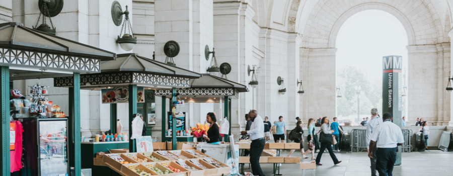 Exterior view of market stands outside Union Station in Washington DC