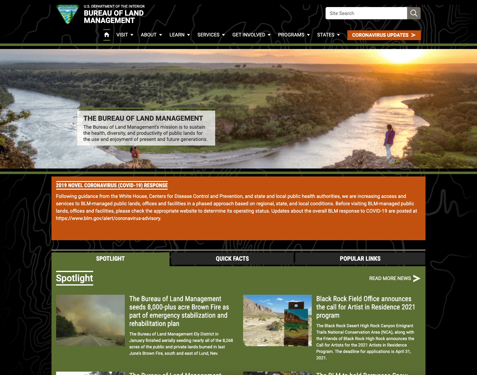 A screenshot of the top of the BLM.gov homepage