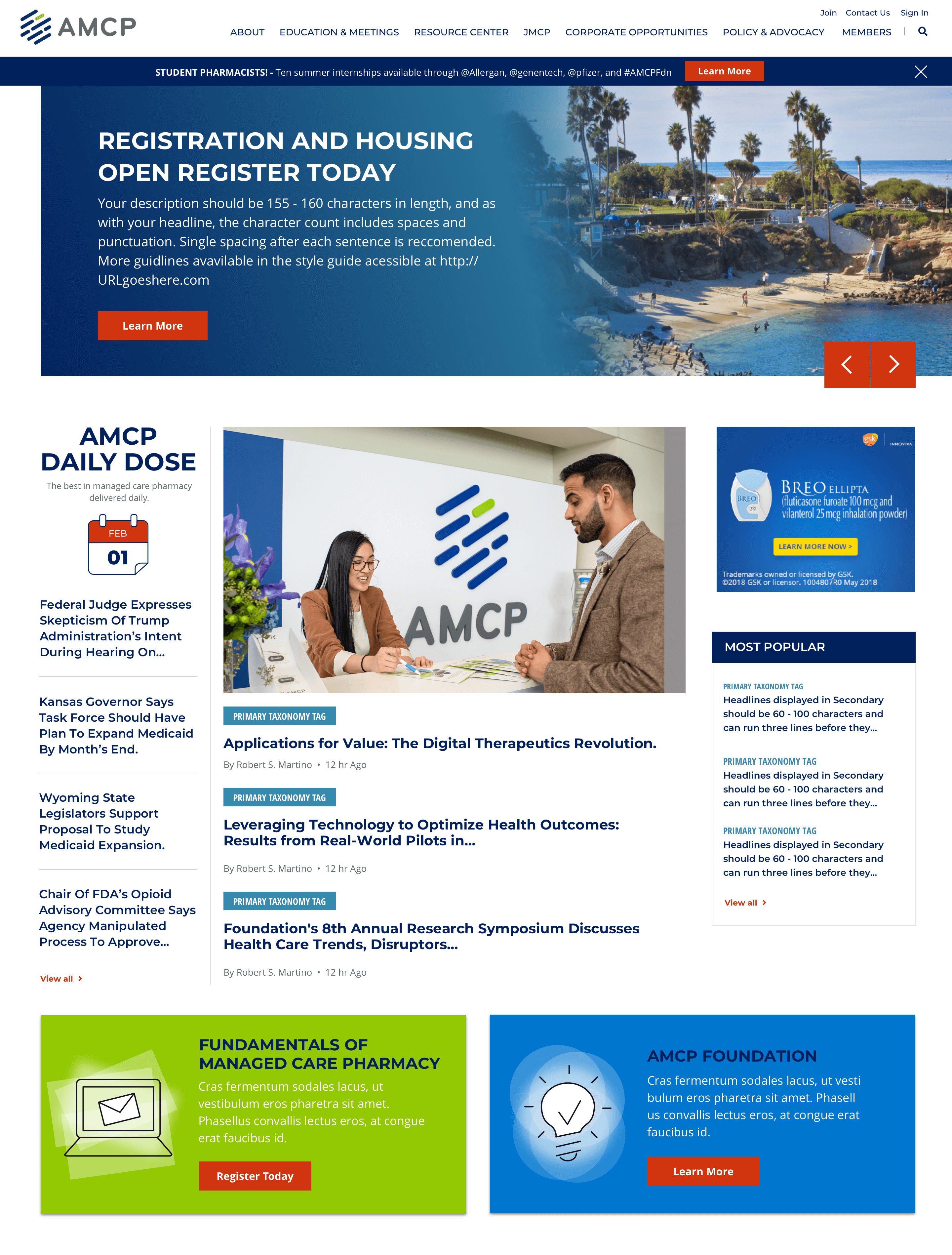 Redesign AMCP homepage screenshot