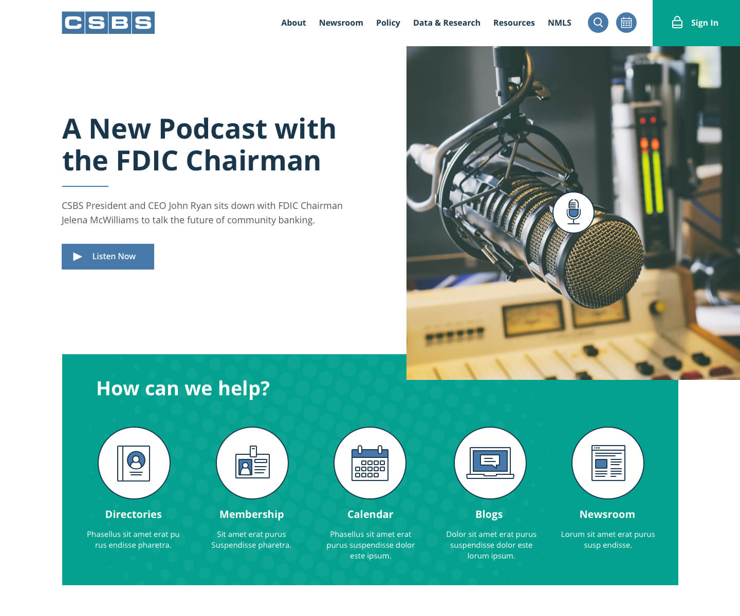 A screenshot of the newly redesigned CSBS website homepage