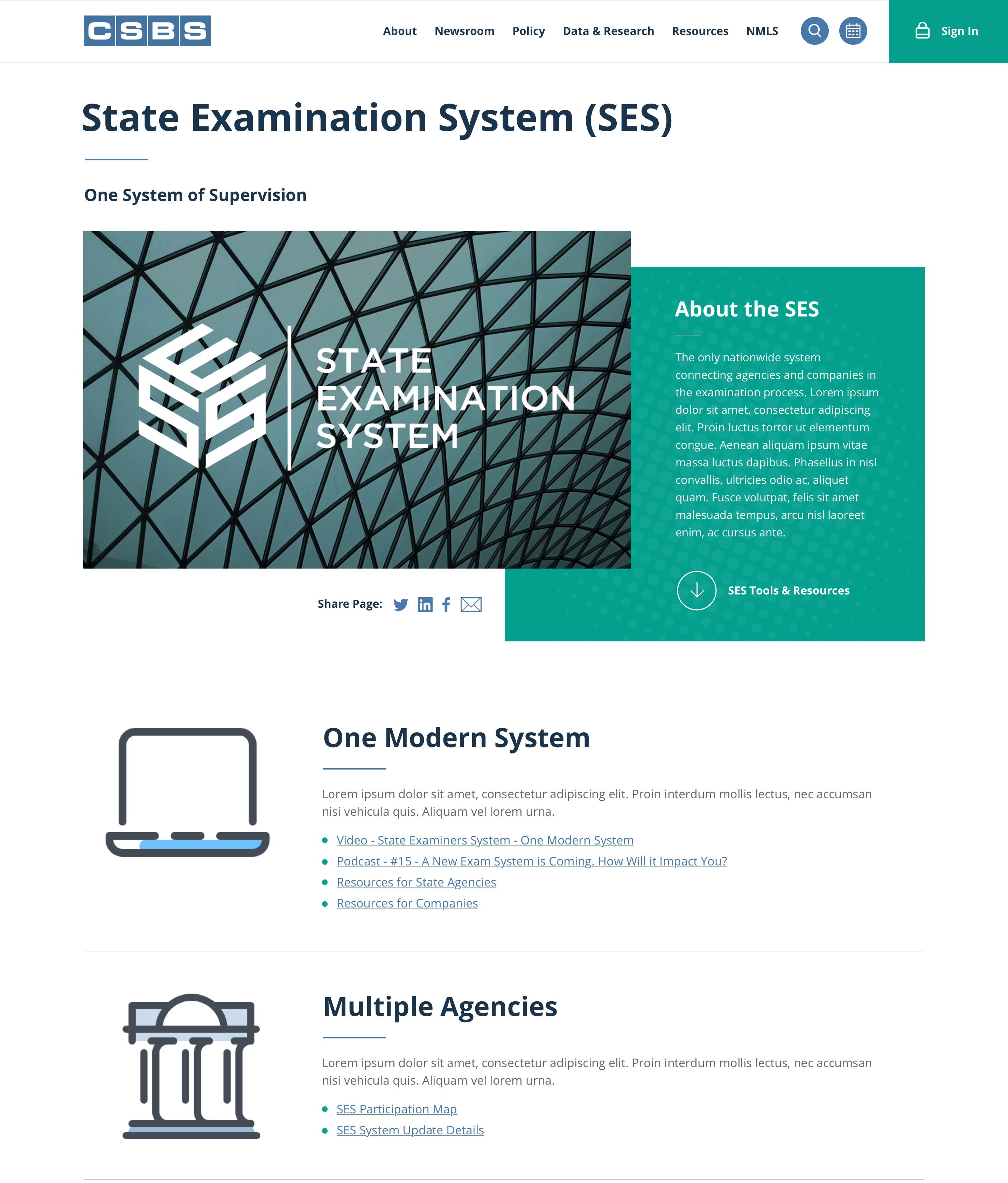 Interior content page screenshot of the CSBS State Examination System (SES) page design