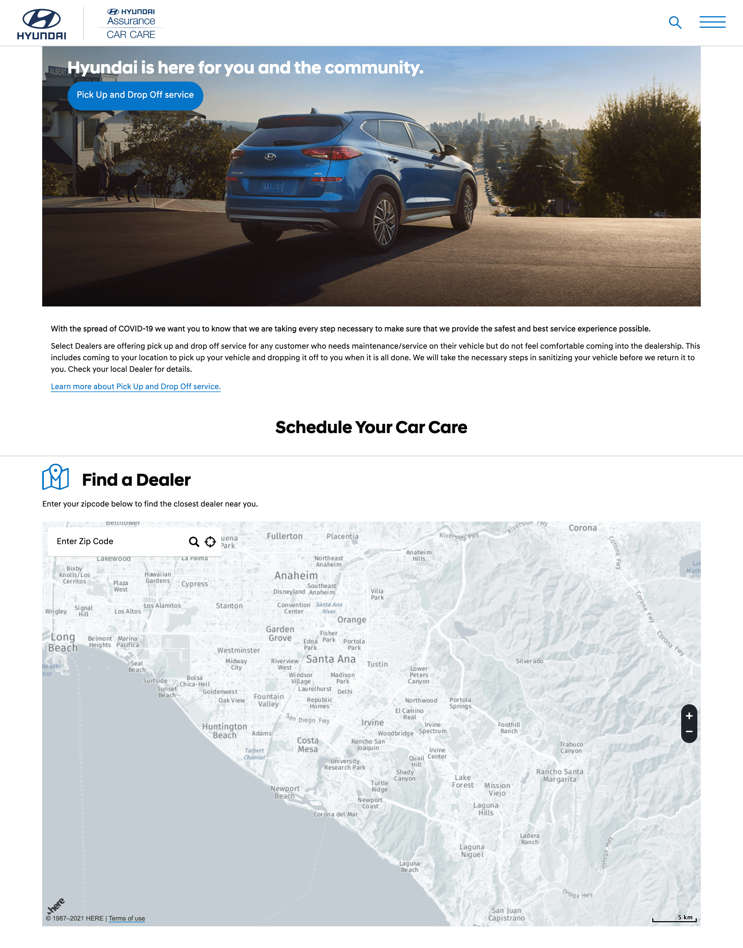 A screenshot of the Hyundai Find a Dealers landing page