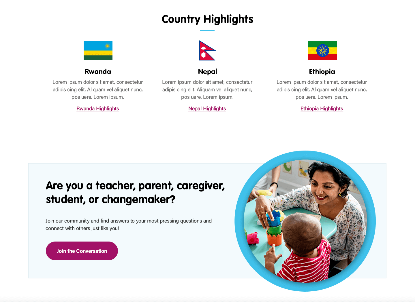 A screenshot of the IEI website featuring country highlights and engaging CTAs