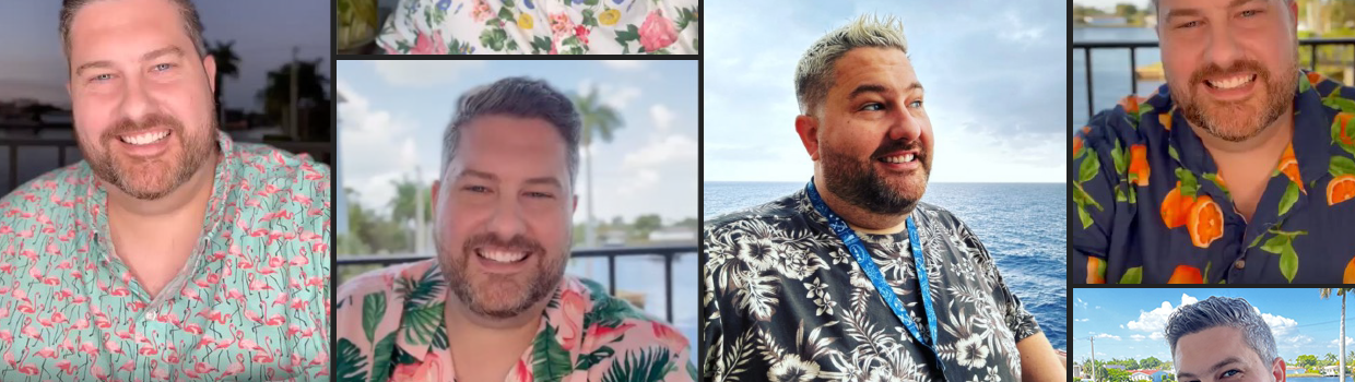 a collage of profile images of roger terry wearing brightly decorated shirts and smiling