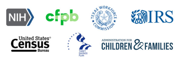 logos for cfpb, nih, twc, irs, census, thrift savings plan, admin for children and families