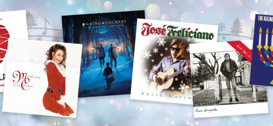 blurry snowy background with 6 holiday music album covers overlapping across the image
